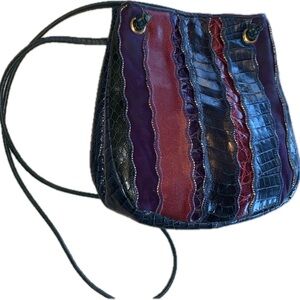 SHARIF shoulder bag, leather & suede in croc print, navy, maroon, purple VTG